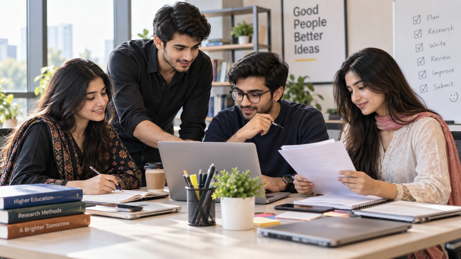 Members working together on assignments in a professional study workspace